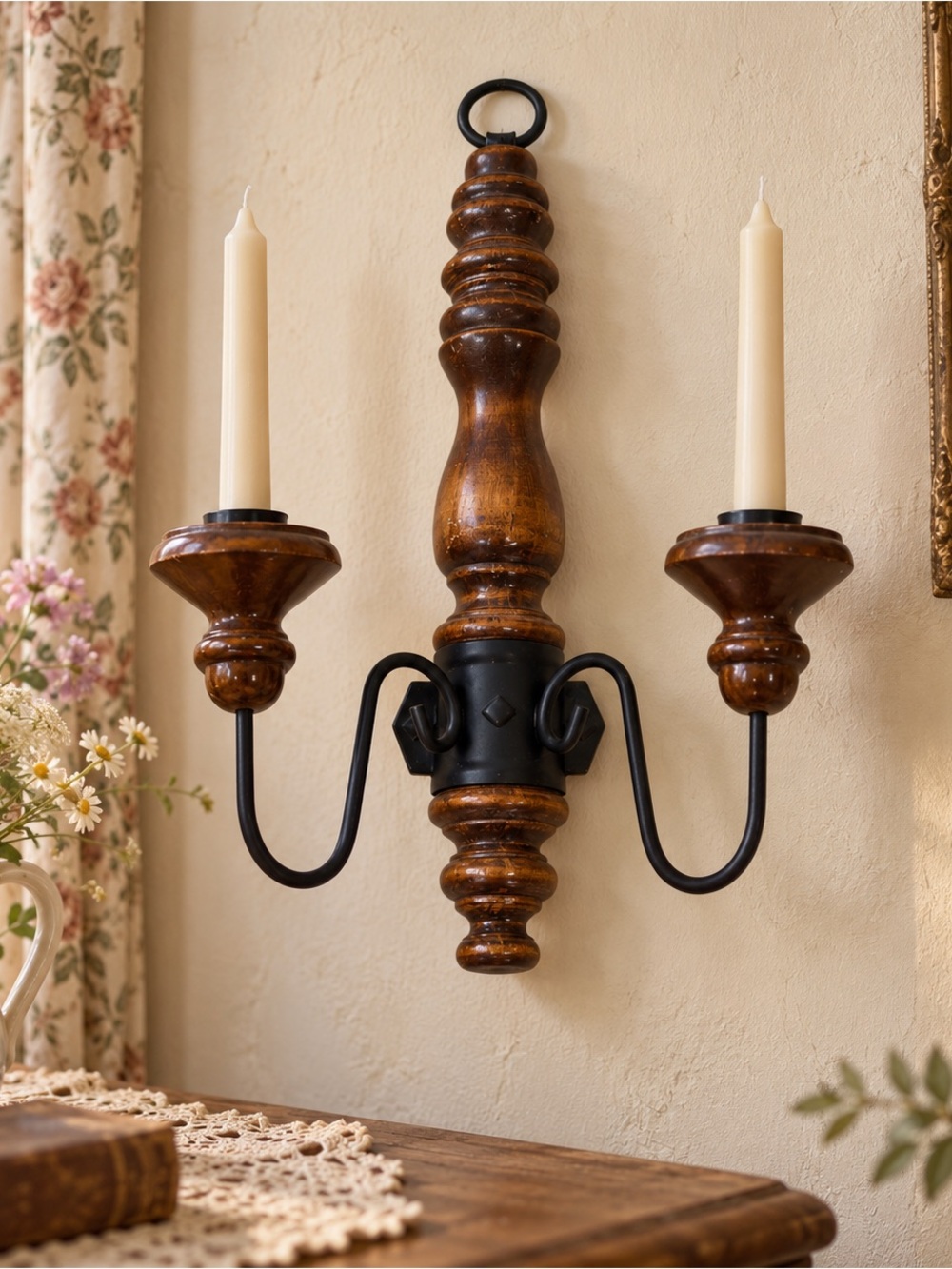 Vintage Wood Black Metal Double Candle Wall Sconce Rustic Farmhouse